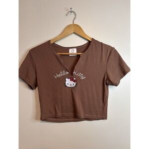 Sanrio Hello Kitty Brown Embroidered Crop Top, Cotton Blend, Size Medium